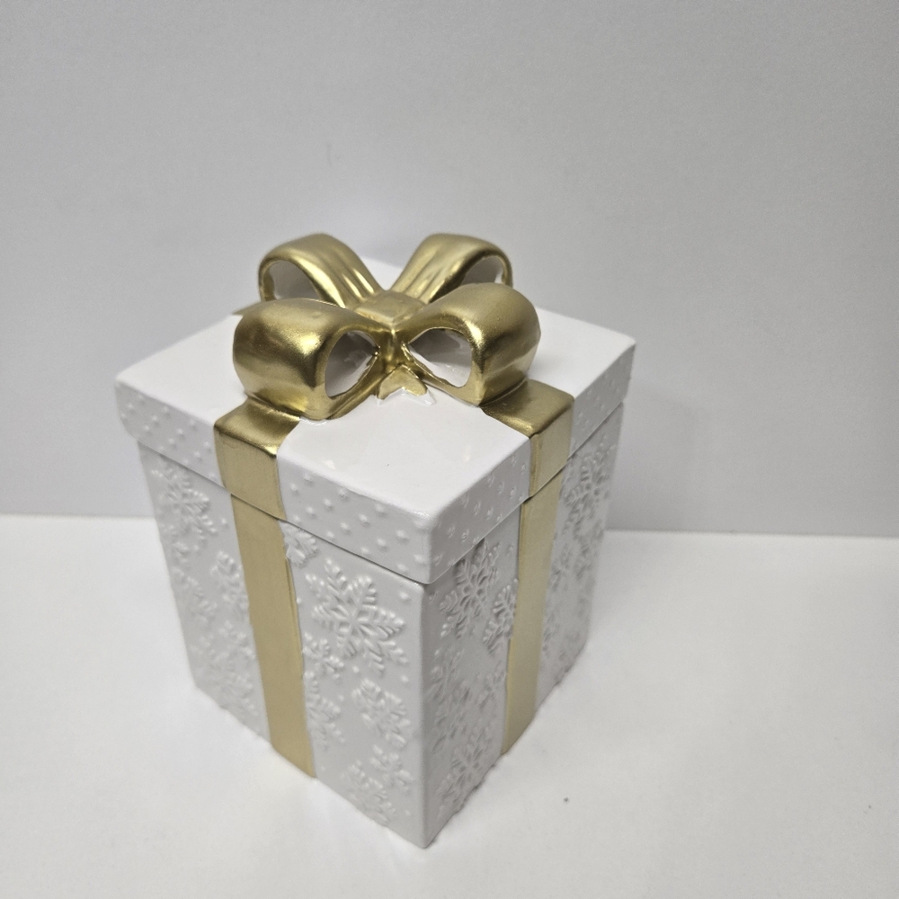 White and Gold Gift Box Cookie Jar/ Canister with Bow And Snowflakes Pattern